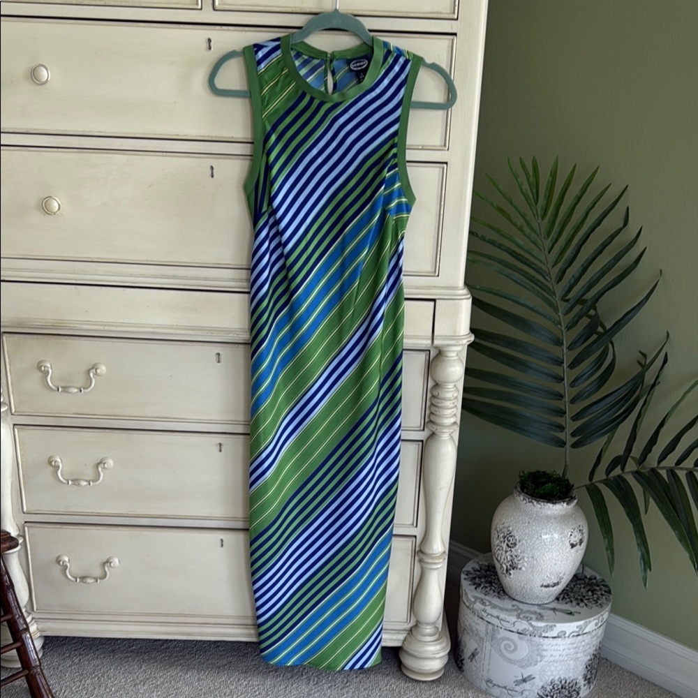 Striped Green and Blue Satin Midi Dress size S - Picture 2 of 3